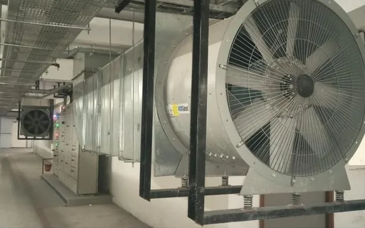 Axial ventilation fan installed in a basement car park